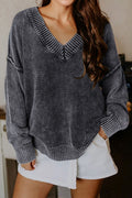 Black Mineral Wash V Neck Knit Exposed Seam Drop Shoulder Loose Sweater