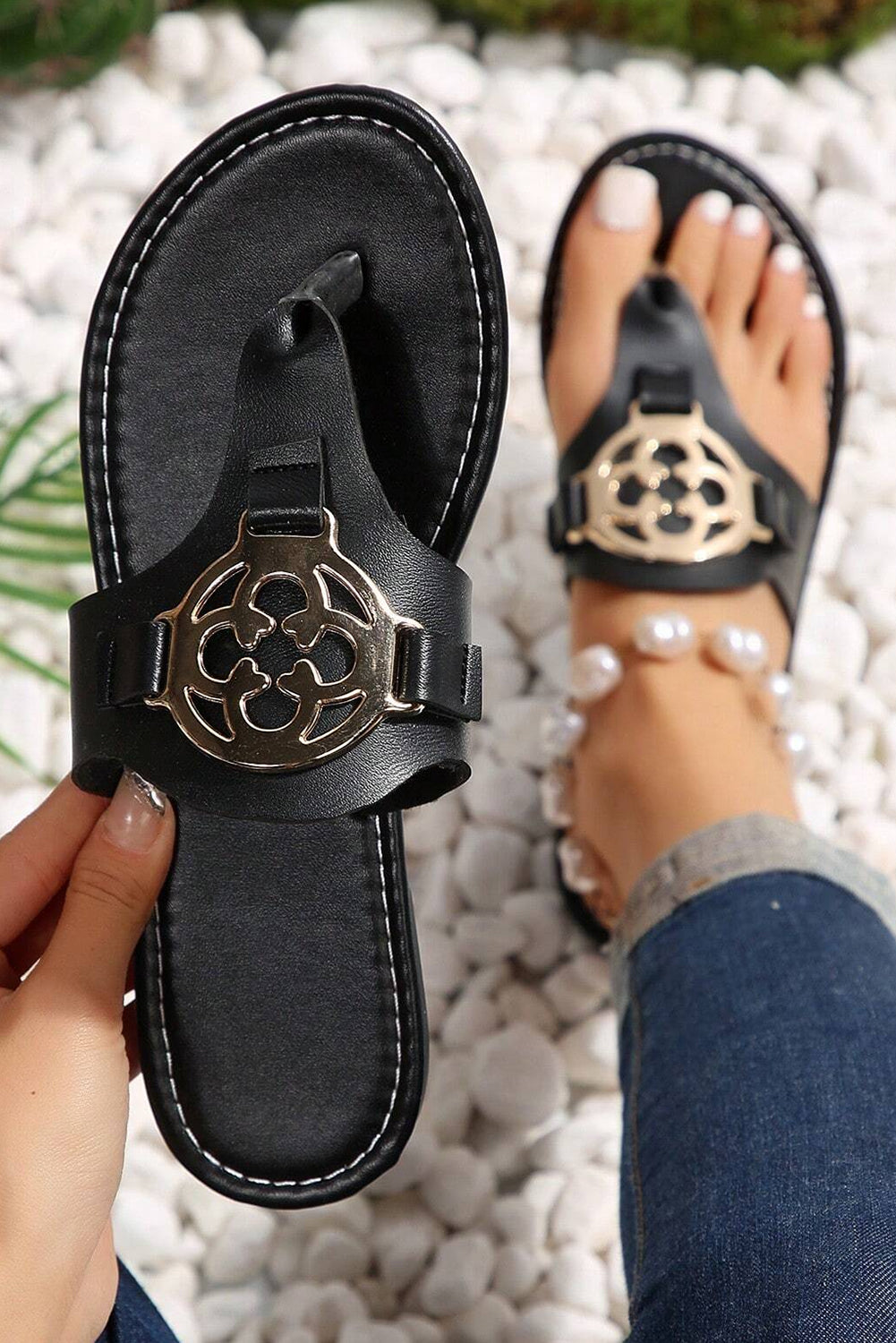 Beige Metal Decor Leather Thong Slippers