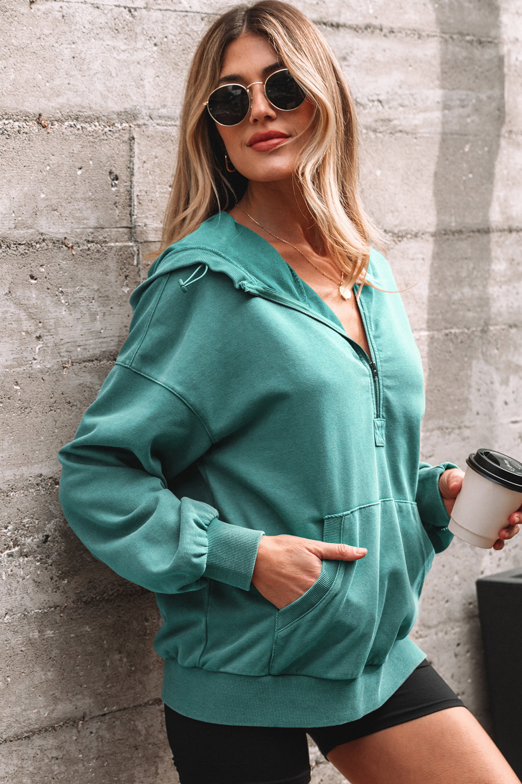 Wild Ginger Half Zip Kangaroo Pocket Mineral Wash Baggy Hoodie