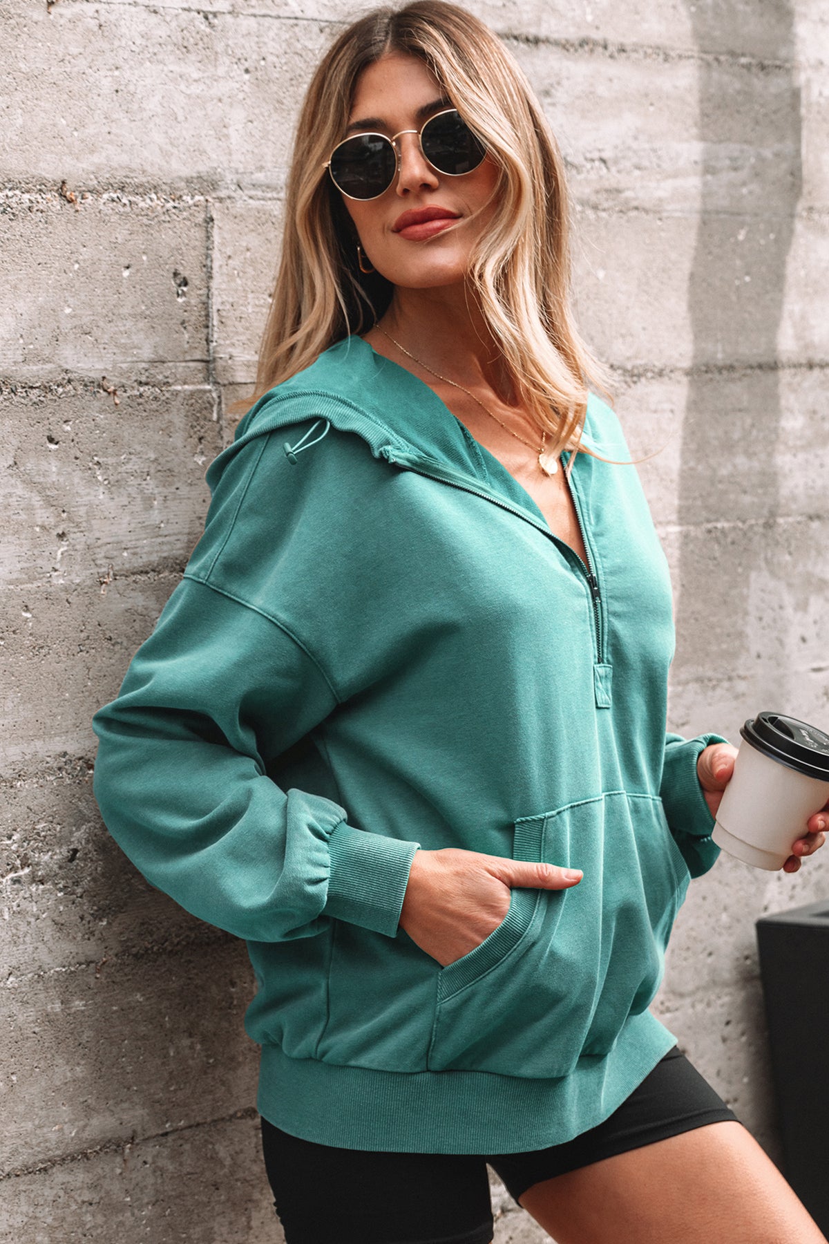 Wild Ginger Half Zip Kangaroo Pocket Mineral Wash Baggy Hoodie