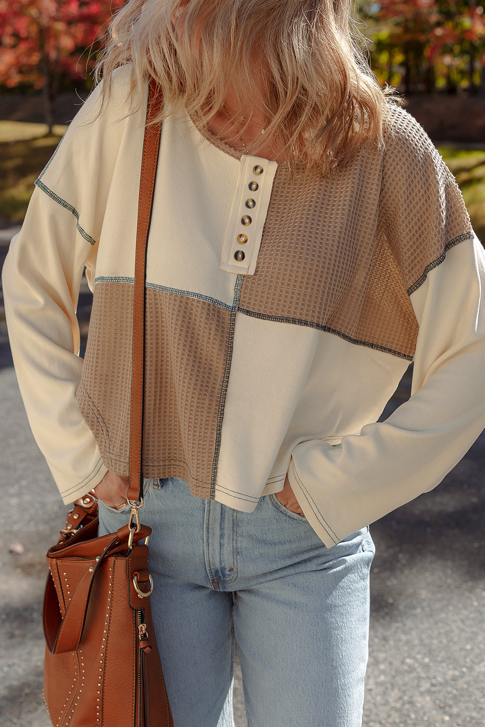 Beige Color Block Waffle Knit Stitch Detail Long Sleeve Top
