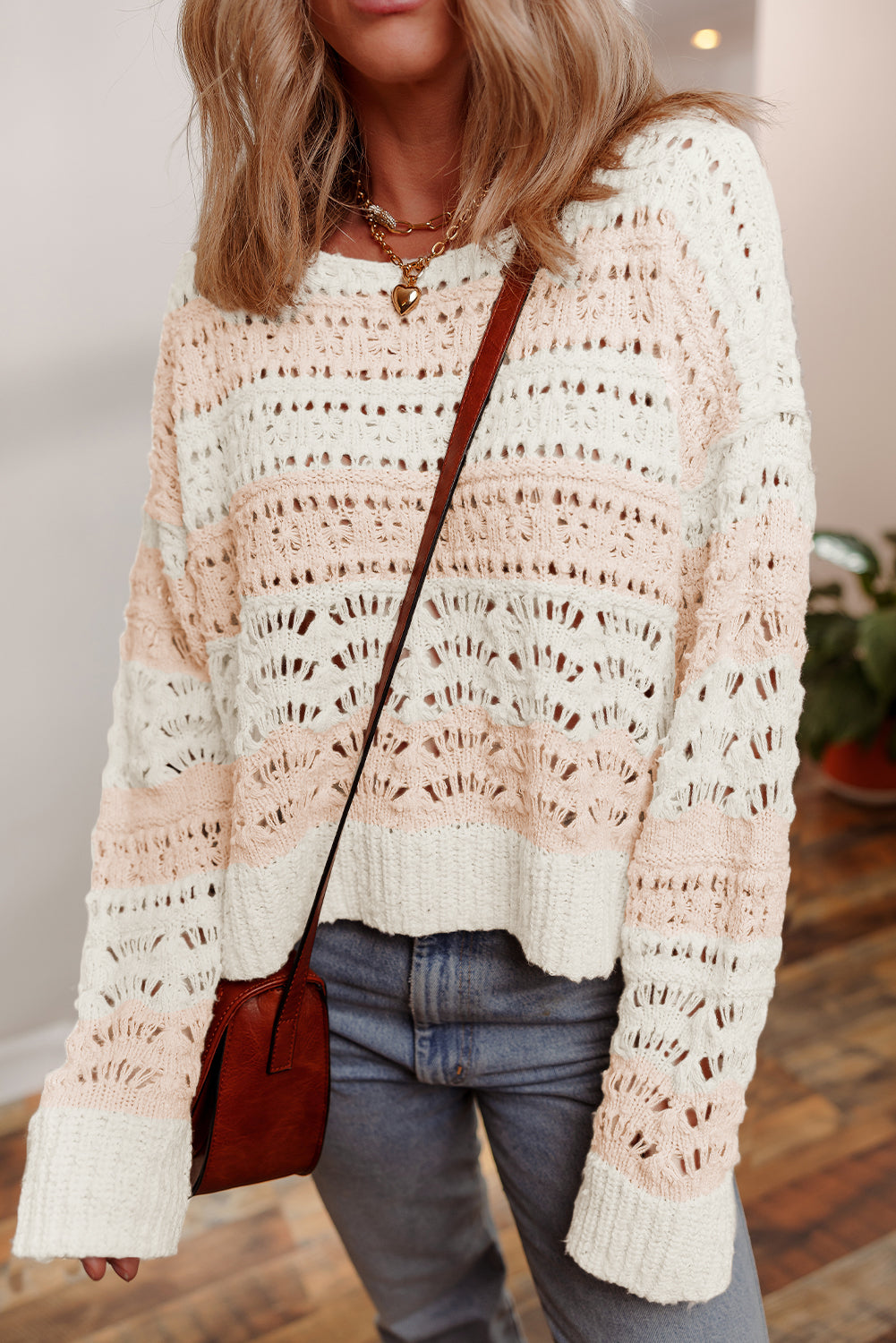 Pink Hollow-out Colorblock Drop Shoulder Casual Sweater