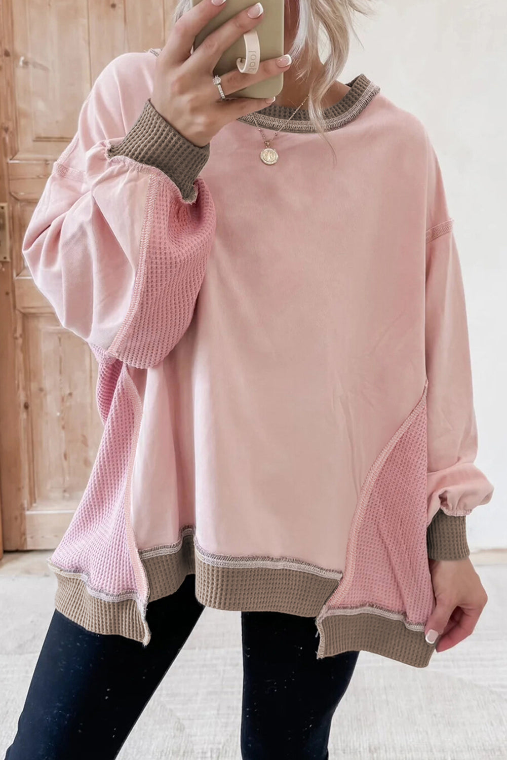 Smoke Green Color Block Mix Texture Waffle Patchwork Oversize Sweatshirt