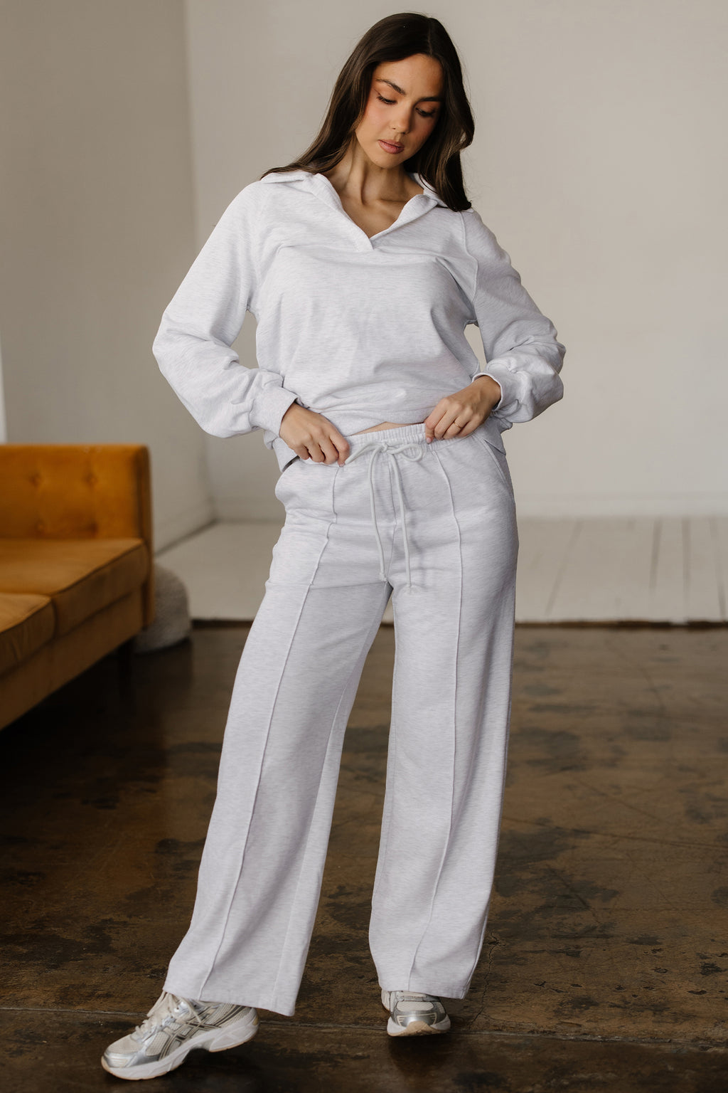 Dark Khaki Polo Collar V Neck Pullover and Drawstring Sweatpants Set