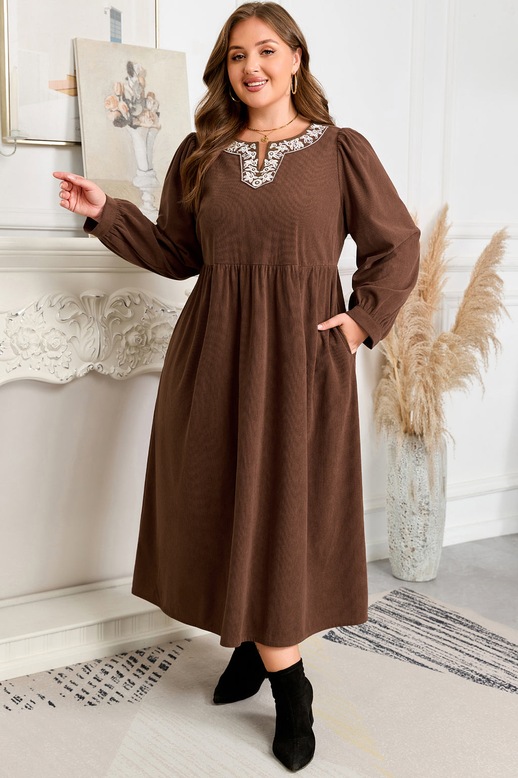 Coffee Embroidered Notched Neckline Textured Pleated High Waist Plus Size Midi Dress