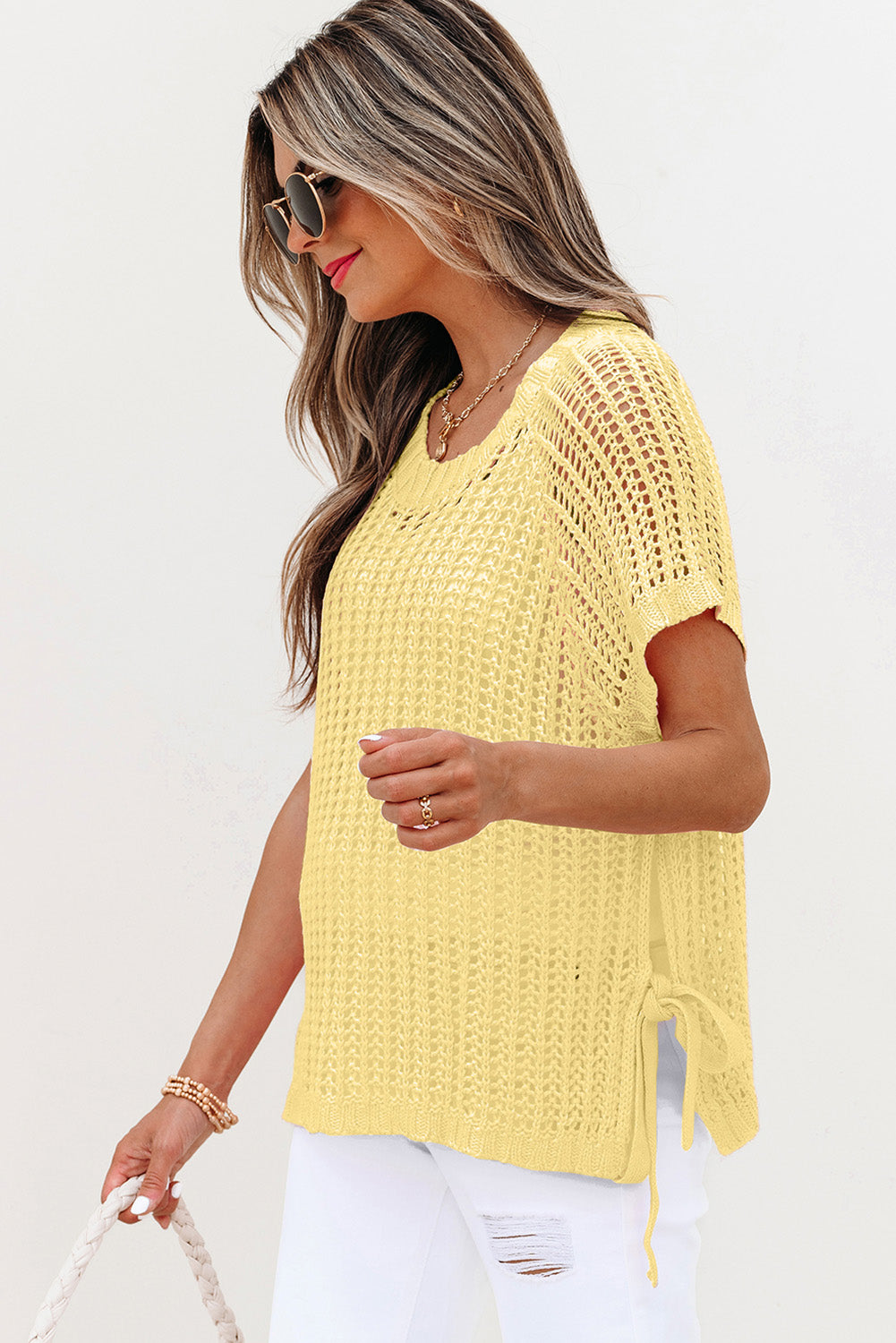 Yellow Cream Hollow-out Crochet Side Tied Short Sleeve Sweater