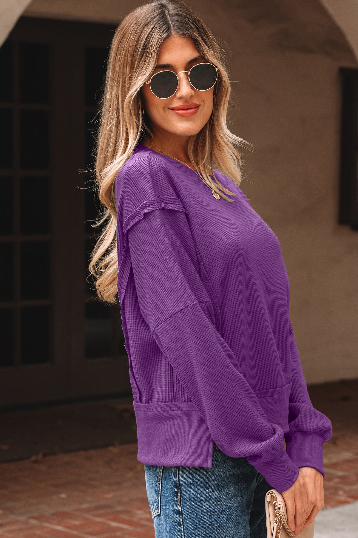 Evergreen Solid Color Raw Seam Patchwork Textured Drop Shoulder Sweatshirt