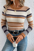 Brown Stripe Stylish Pattern Knitted Ribbed Trim Slim Sweater