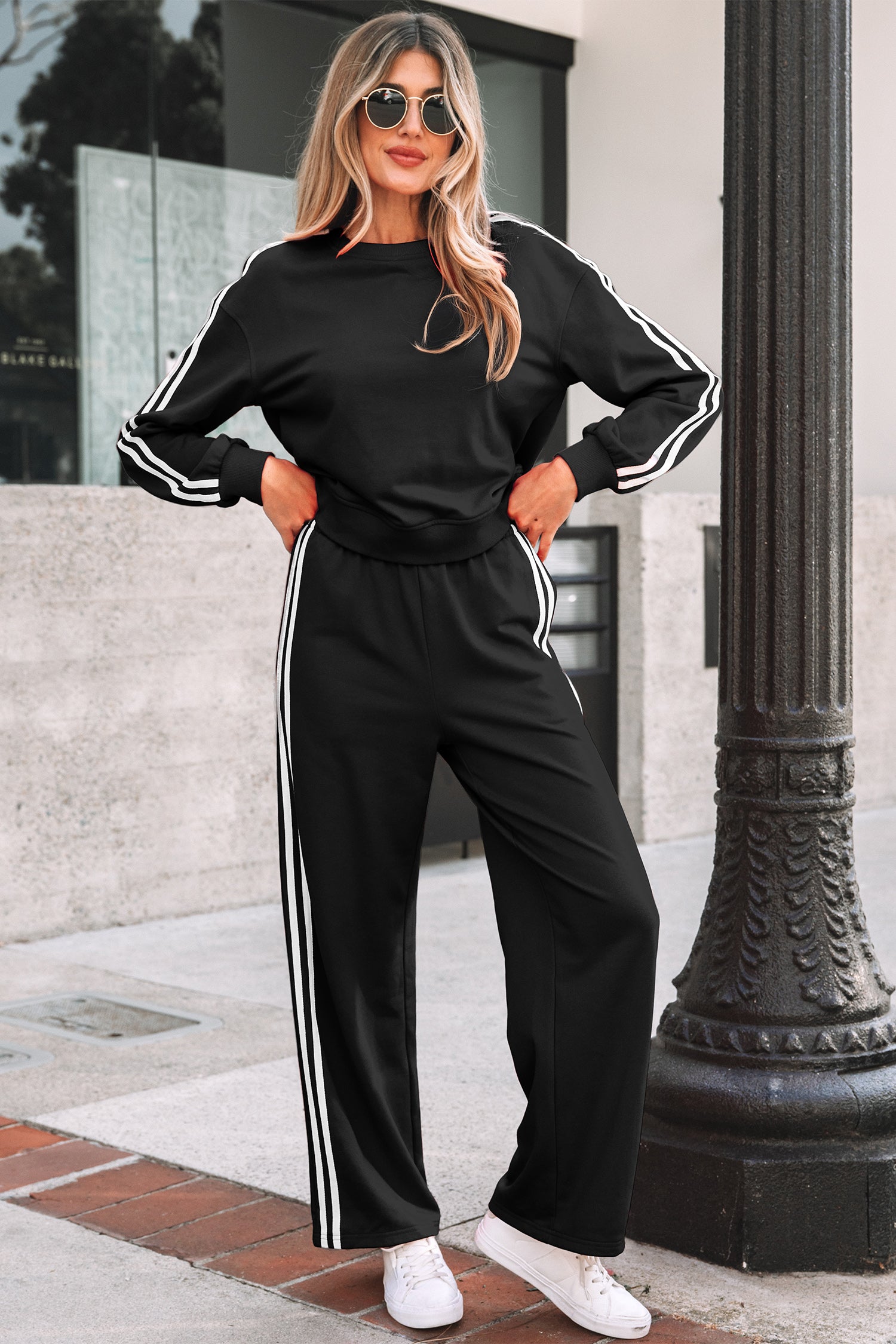 Oatmeal Varsity Striped Detail Crewneck Pullover Elastic Sweatpants 2pcs Outfit