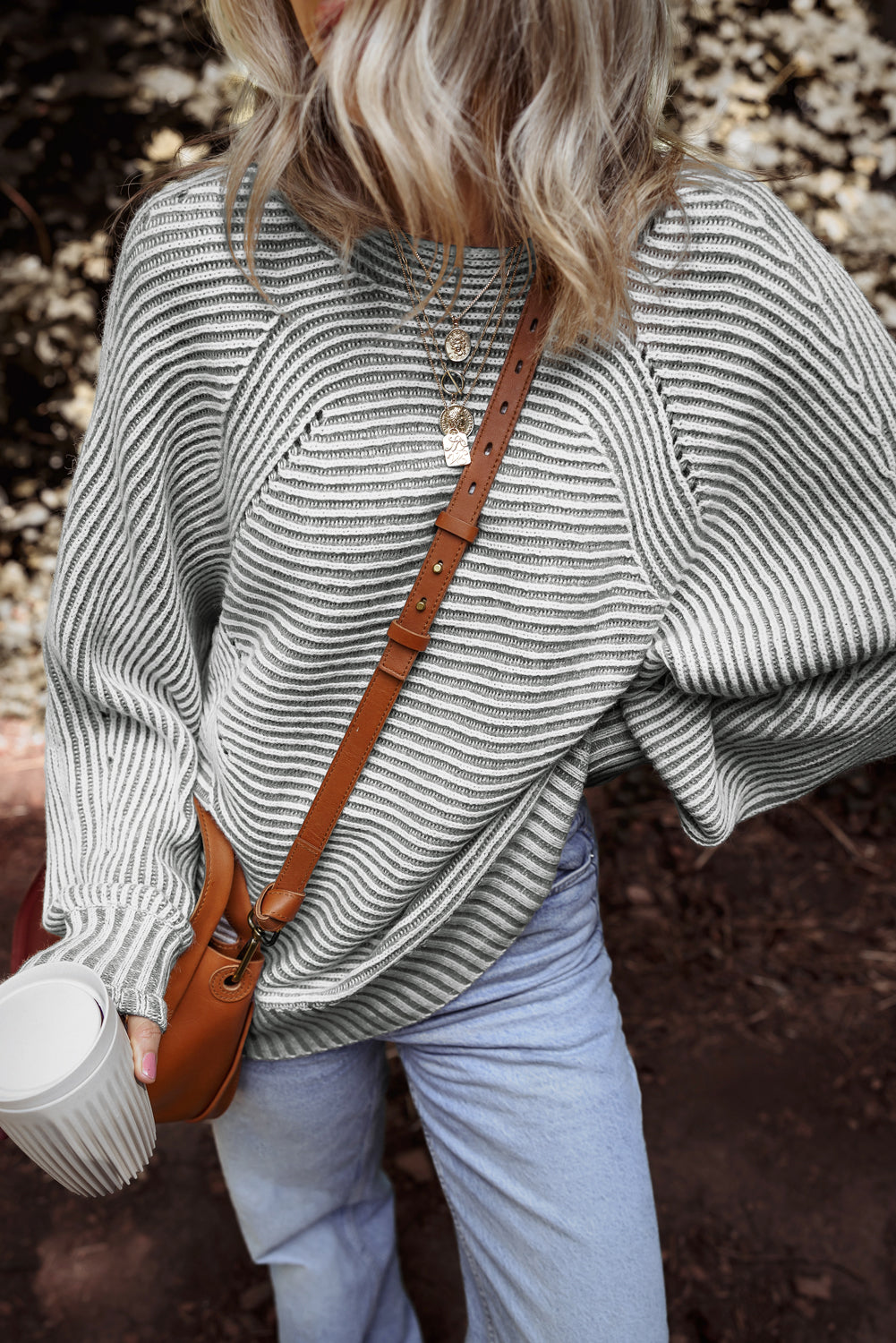 Medium Grey Striped Print Ribbed Knit Boat Neck Baggy Sweater