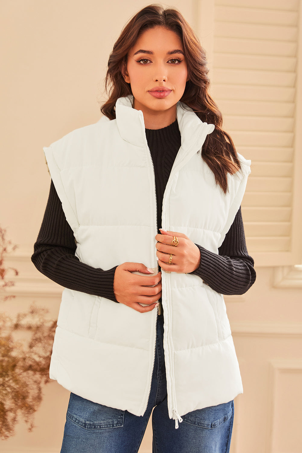 Beige  Zipper Stand Neck Oversized Puffer Vest