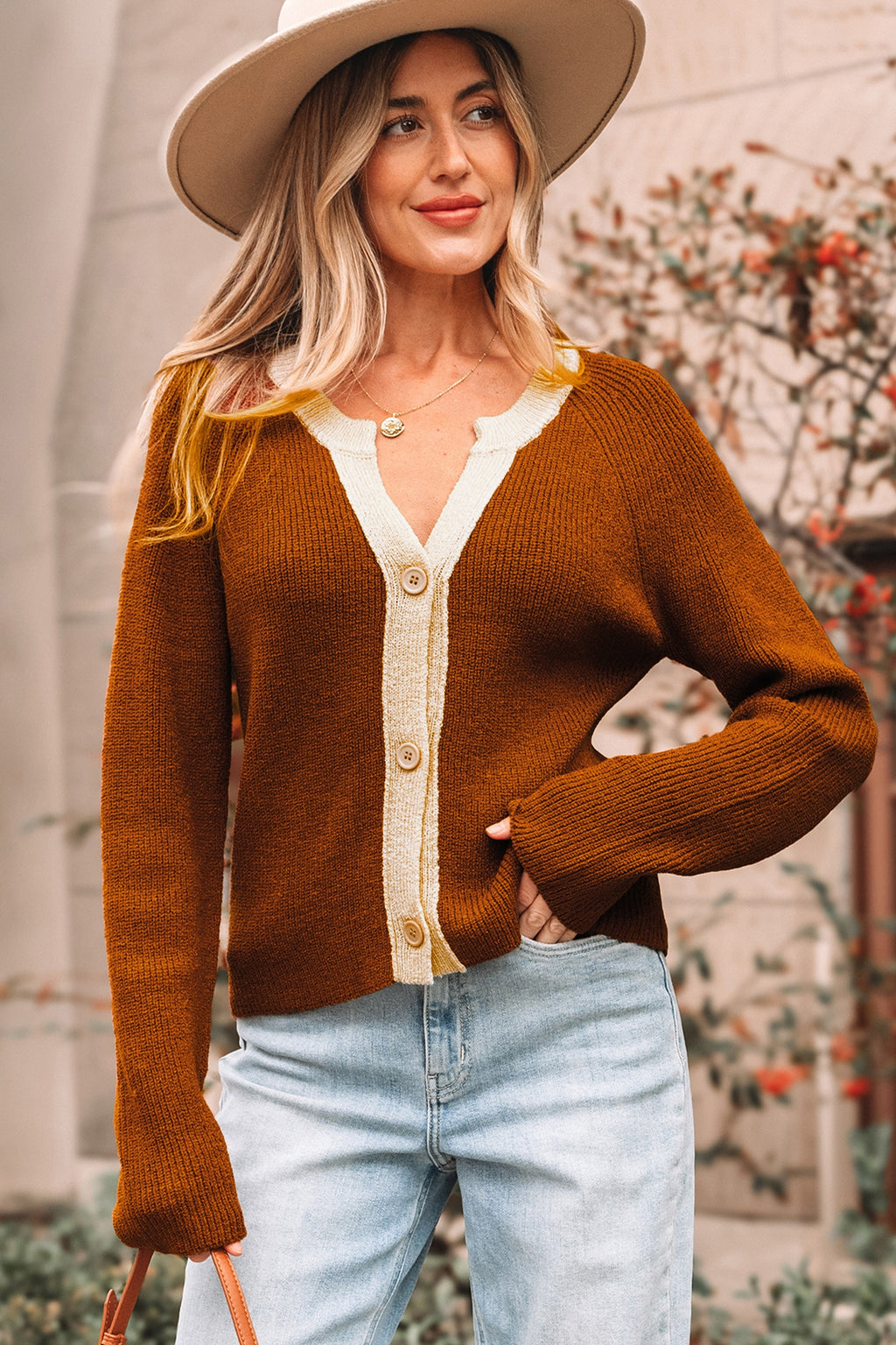 Chestnut Contrast Knit V Neckline Short Cardigan