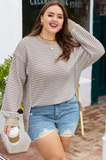 Brown Stripe Plus Size Breathable Knit Ribbed Trim Long Sleeve Top