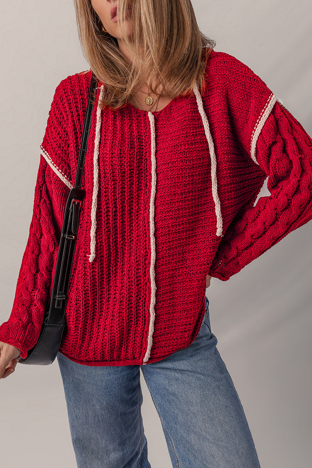 Racing Red Color Contrast Trim Textured Knit Drawstring Hooded Sweater