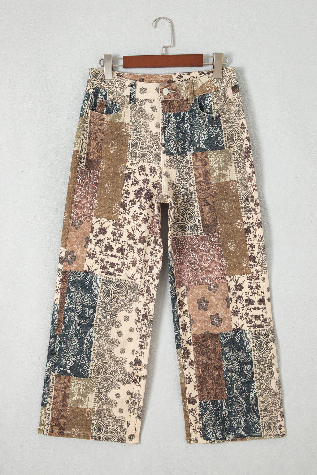 Khaki Patchwork Print Casual Shift Jeans