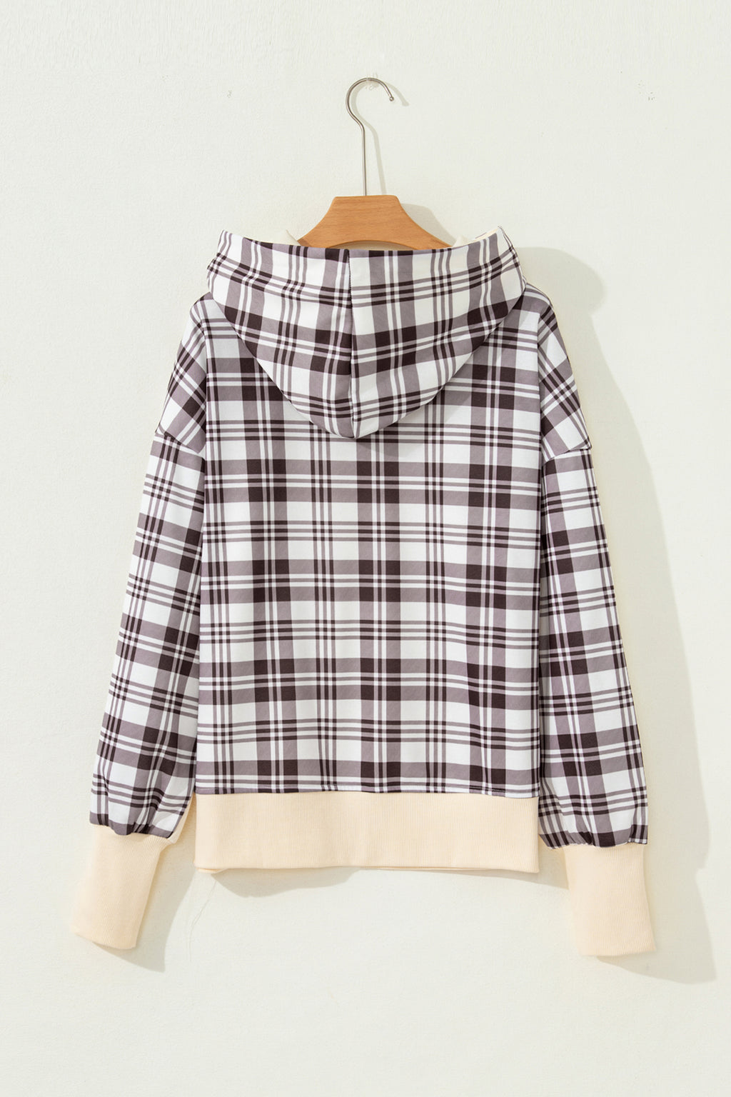 Beige Plaid Patchwork Side Slit Sweatshirt
