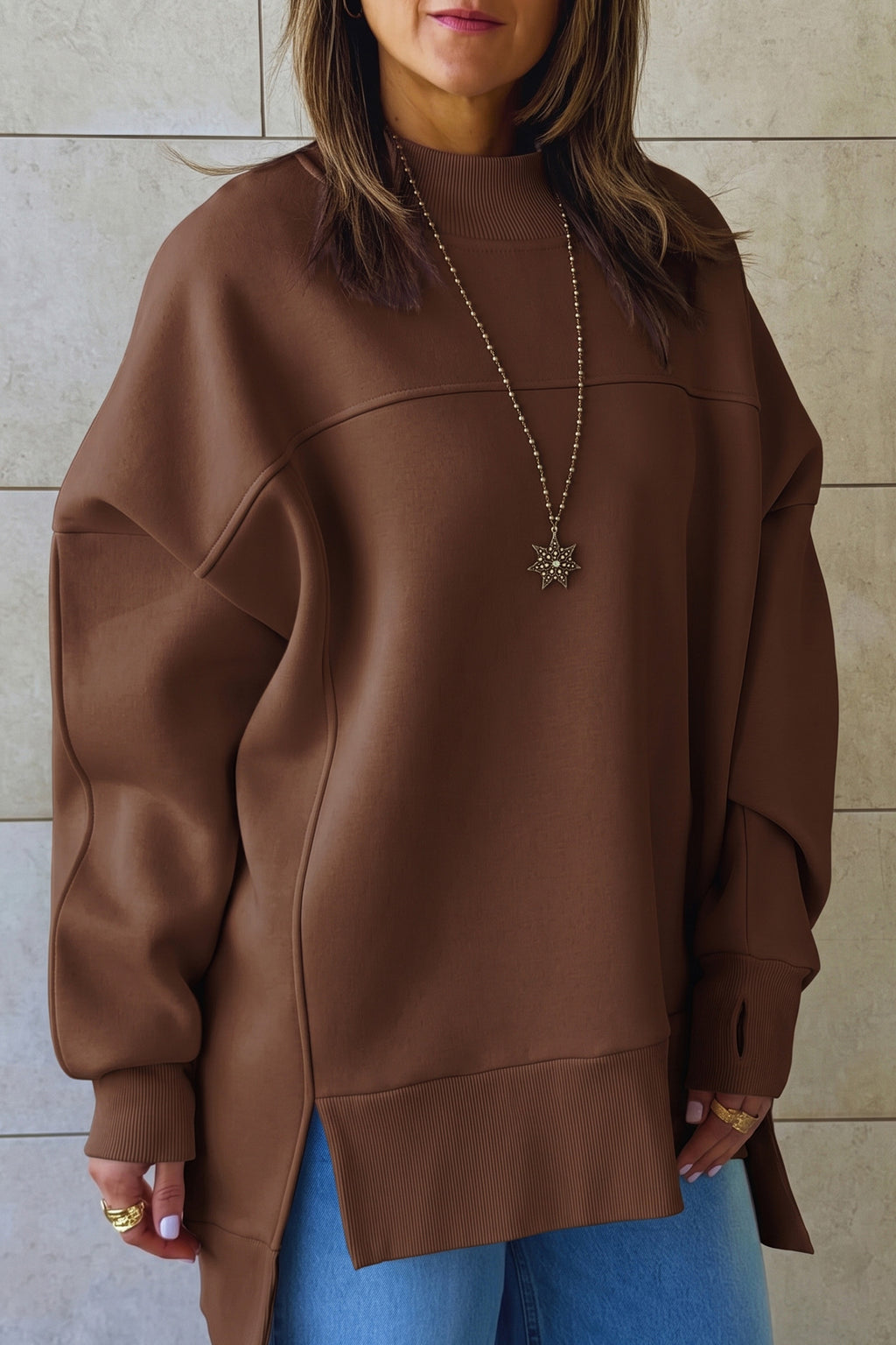 Coffee Solid Color Oversized Mock Neck Split Hem Tunic Sweatshirt