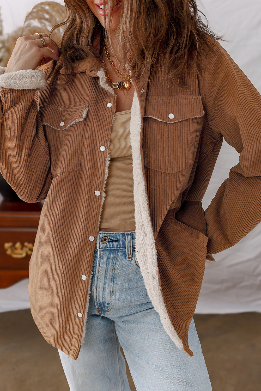 Cinnamon Fleece Lined Buttoned Flap Pockets Corduroy Jacket