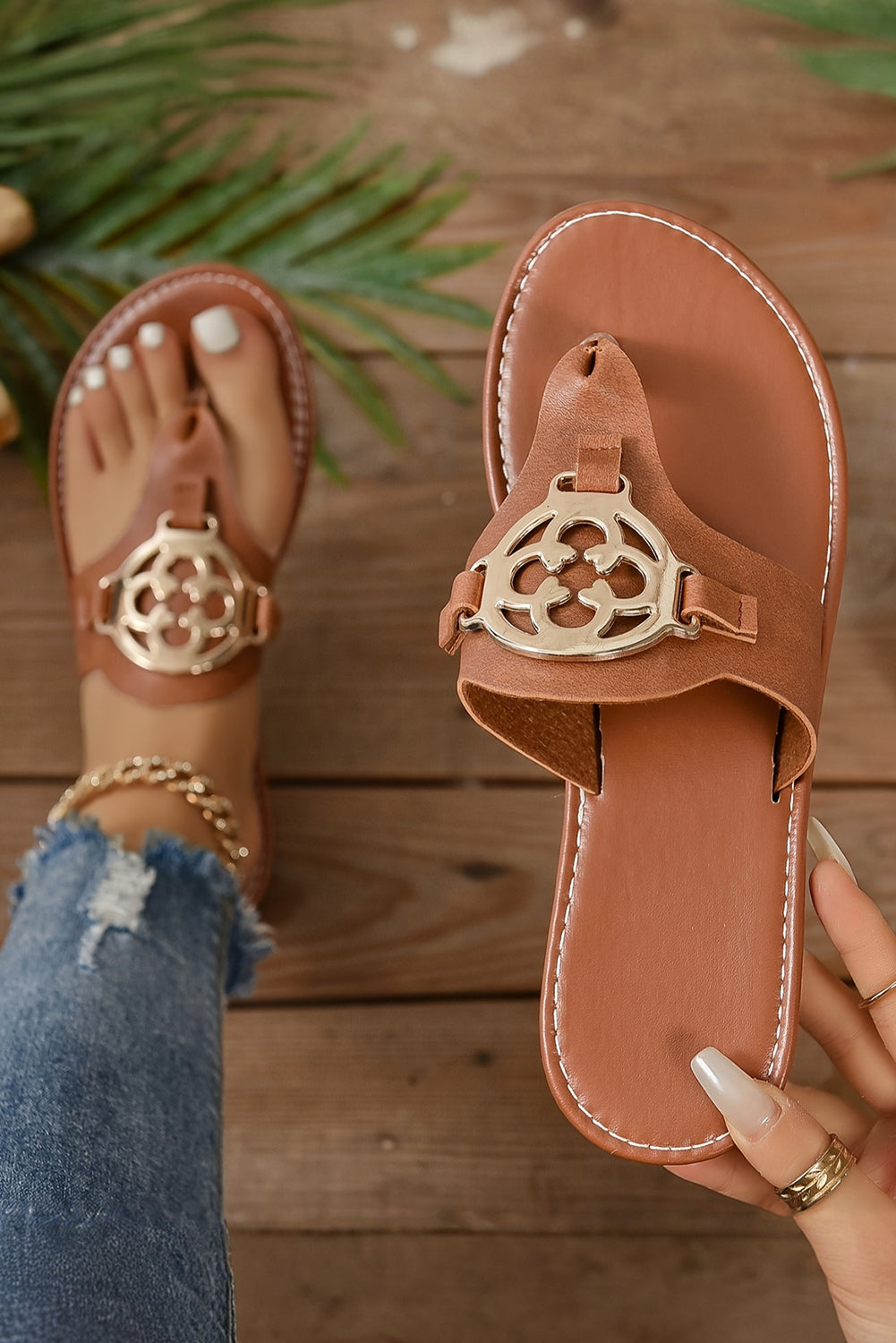 Beige Metal Decor Leather Thong Slippers