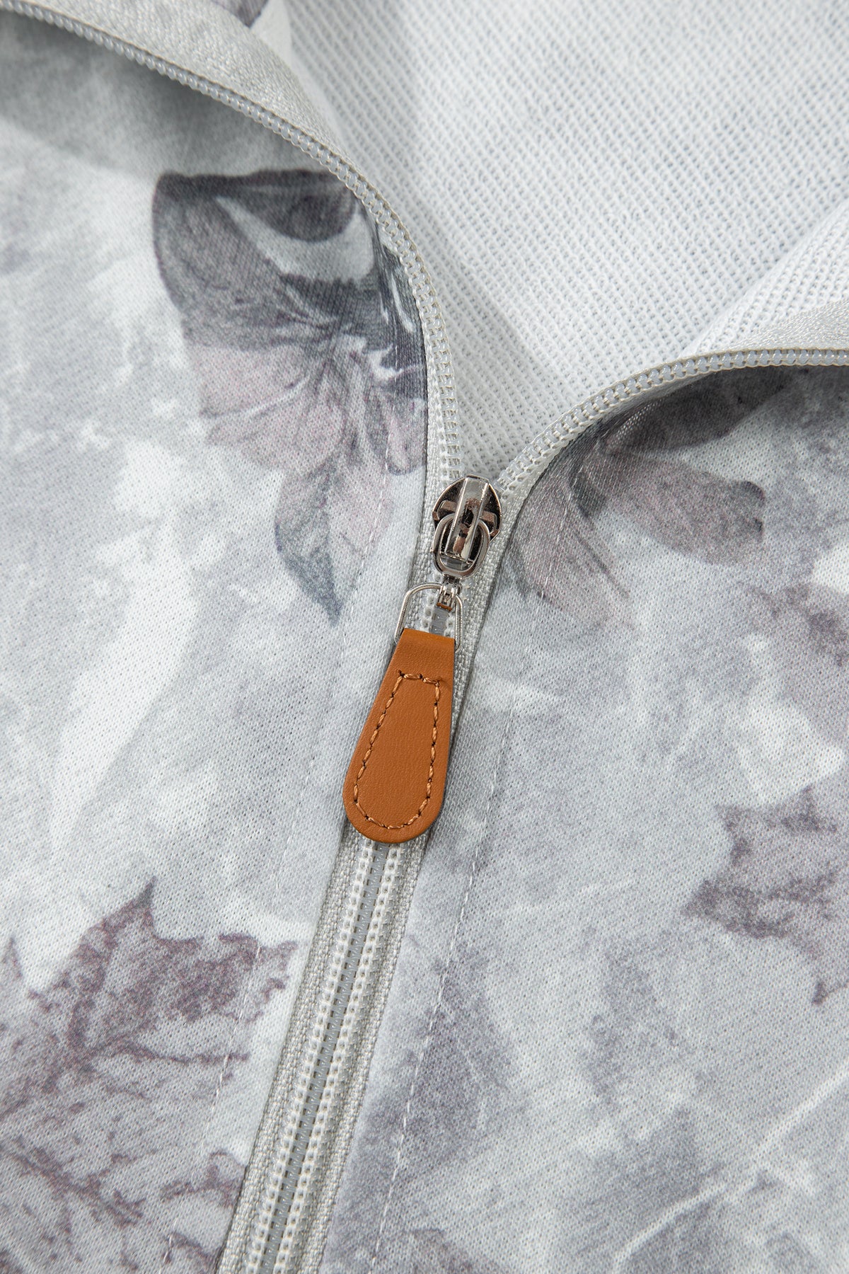 Gray Camo Leaf Print Kangaroo Pocket Quarter Zip Hoodie
