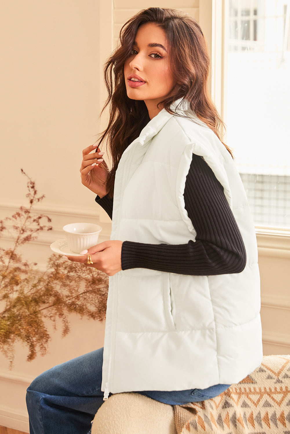 Beige  Zipper Stand Neck Oversized Puffer Vest