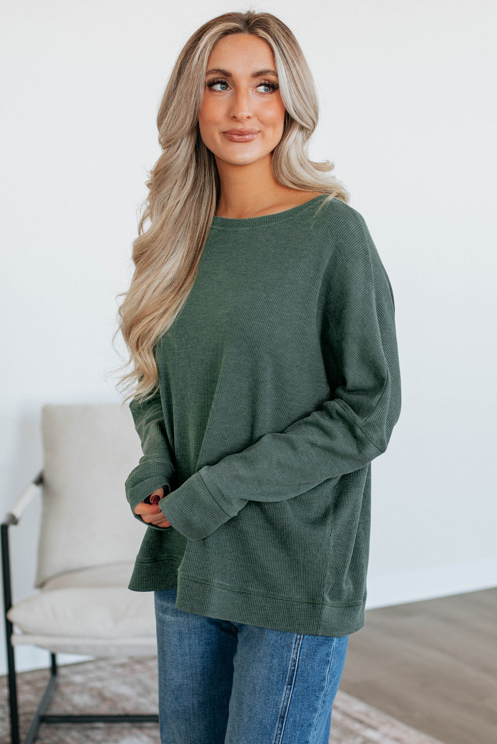 Dark Brown Waffle Knit Patchwork Long Sleeve Loose Top