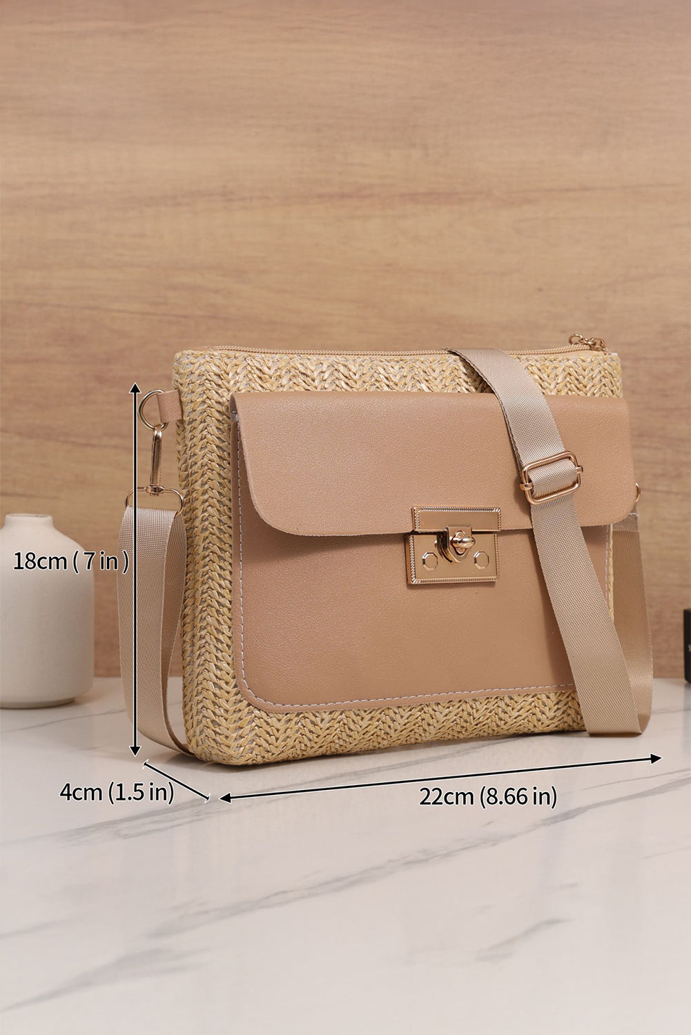 Thai Curry Leather Pocket Patchwork Straw Woven Shoulder Bag