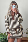 Brown Stripe Contrast Trim Button Neck Long Sleeve Top Drawstring Mini Skort Set