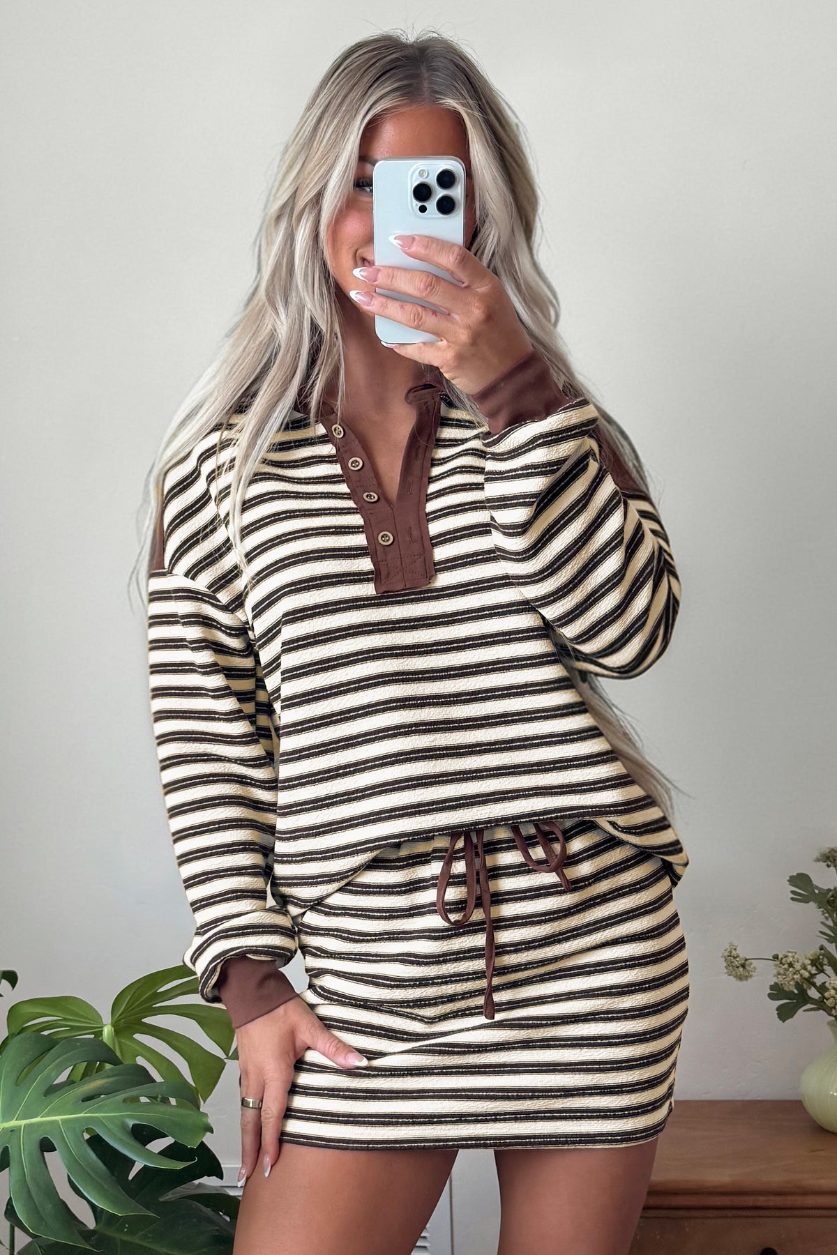Brown Stripe Contrast Trim Button Neck Long Sleeve Top Drawstring Mini Skort Set