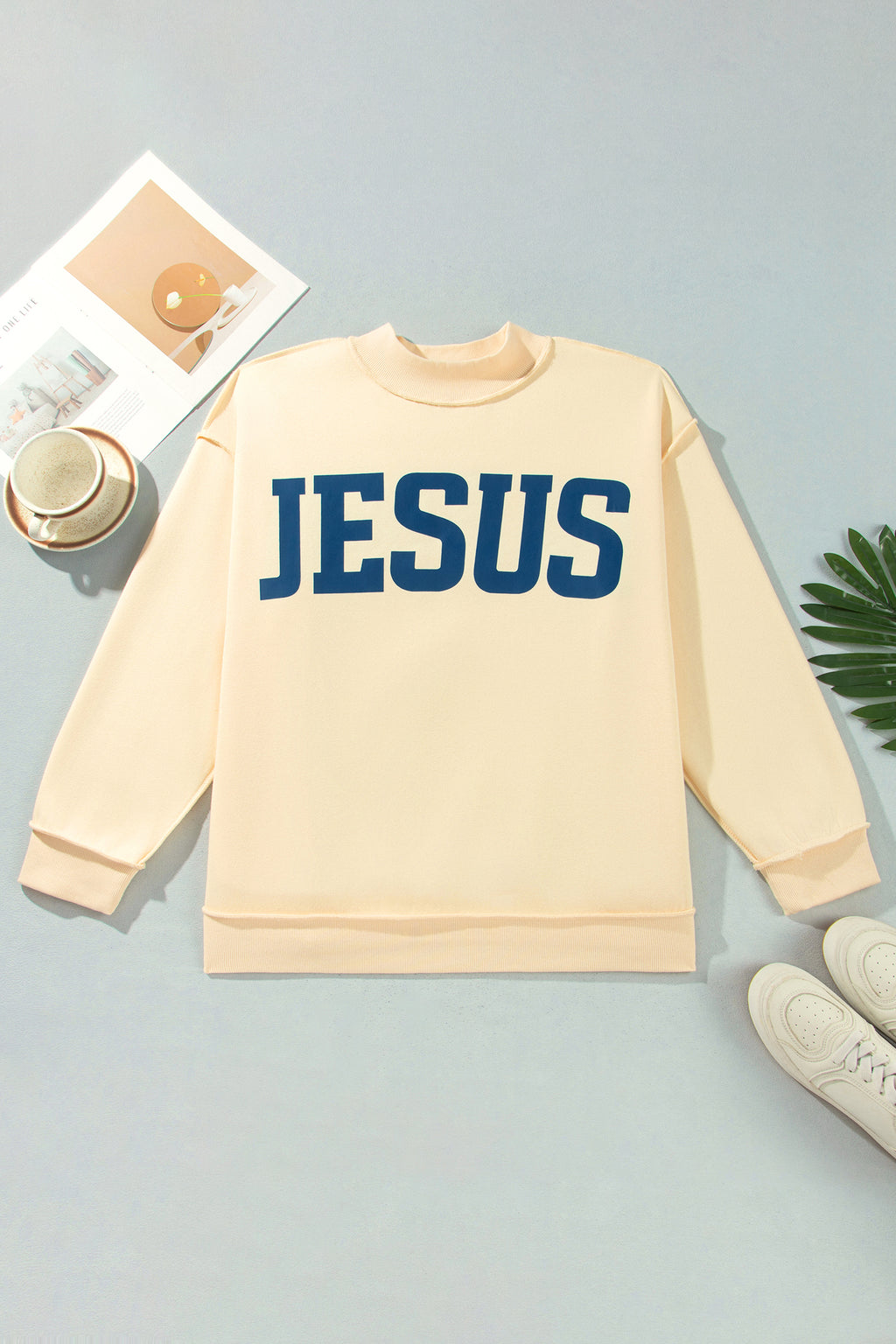 Light Grey Jesus Slogan Stand Neck Long Sleeve Oversized Tunic Plus Size Sweatshirt
