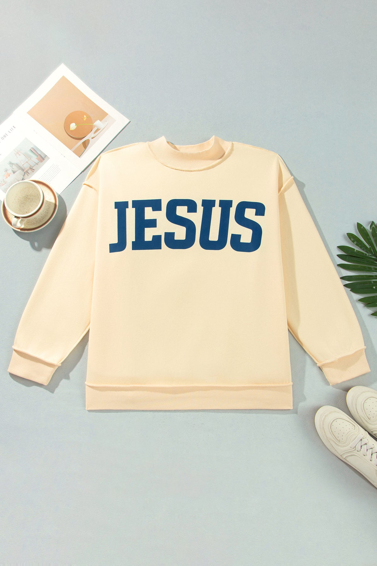 Light Grey Jesus Slogan Stand Neck Long Sleeve Oversized Tunic Plus Size Sweatshirt