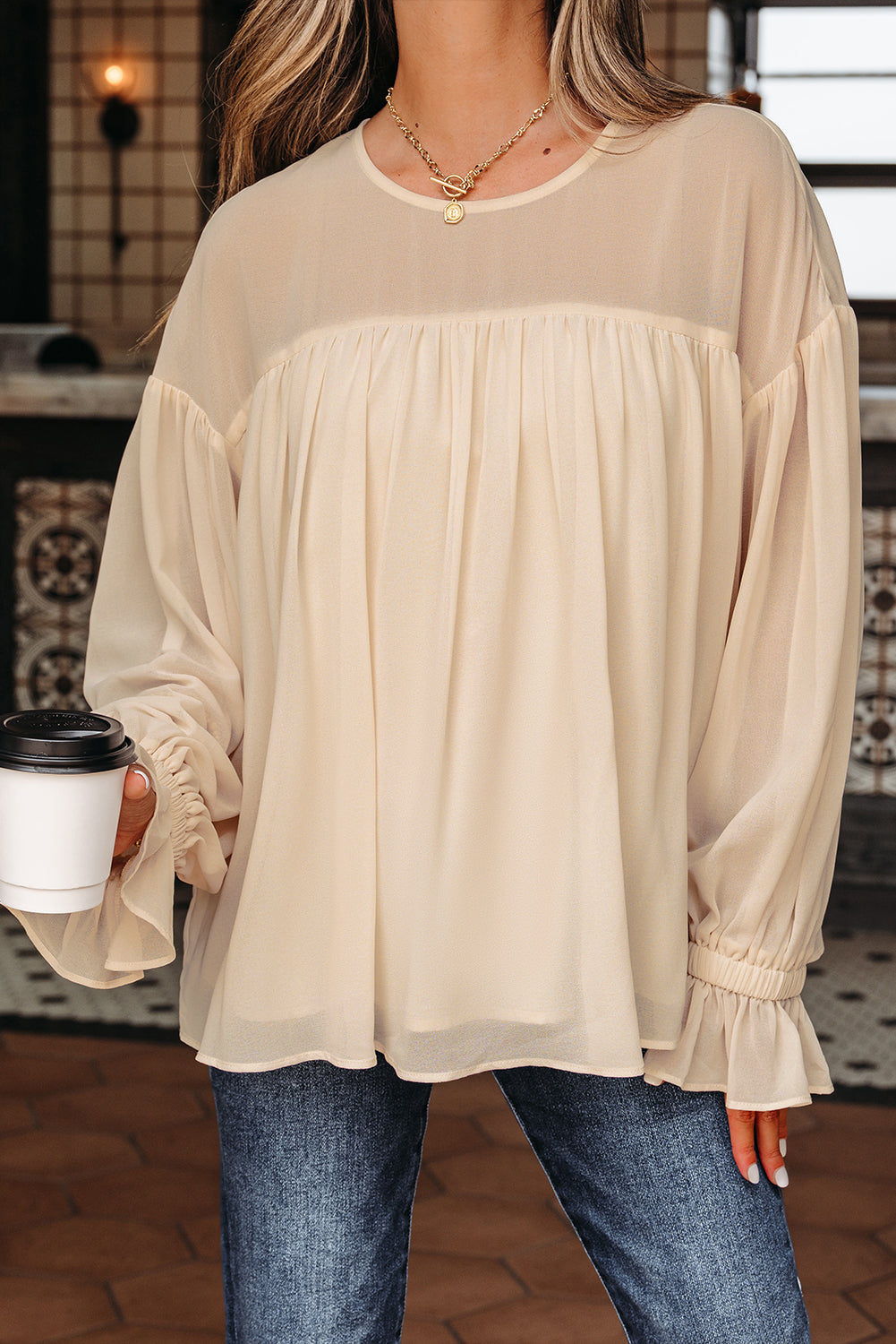 Parchment Pleated Ruffle Long Sleeve Chiffon Blouse