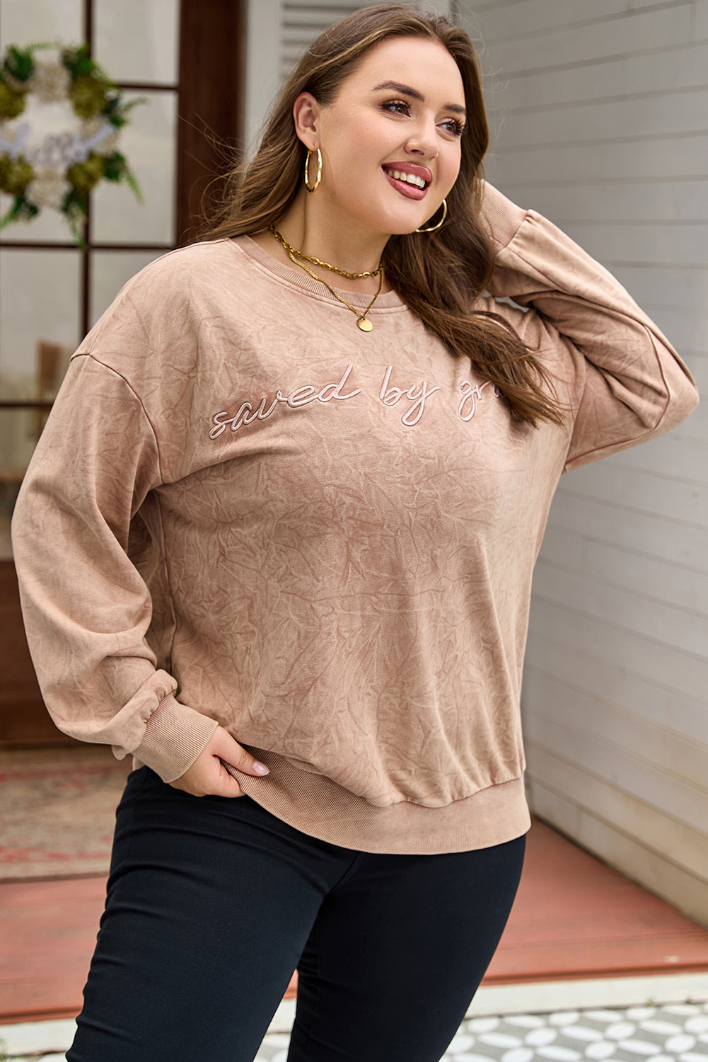 DUNE saved by grace Embroidered Mineral Wash Plus Size Sweatshirt