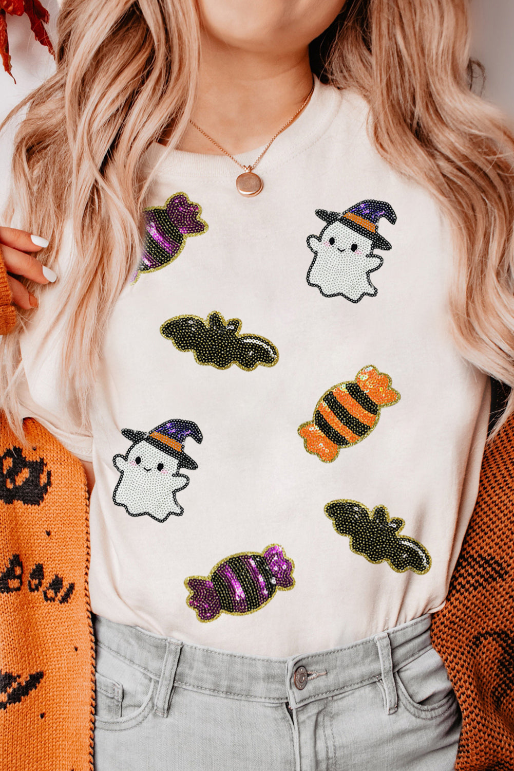 White Sequined Halloween Spirit Pattern Patched Custom Casual Tee