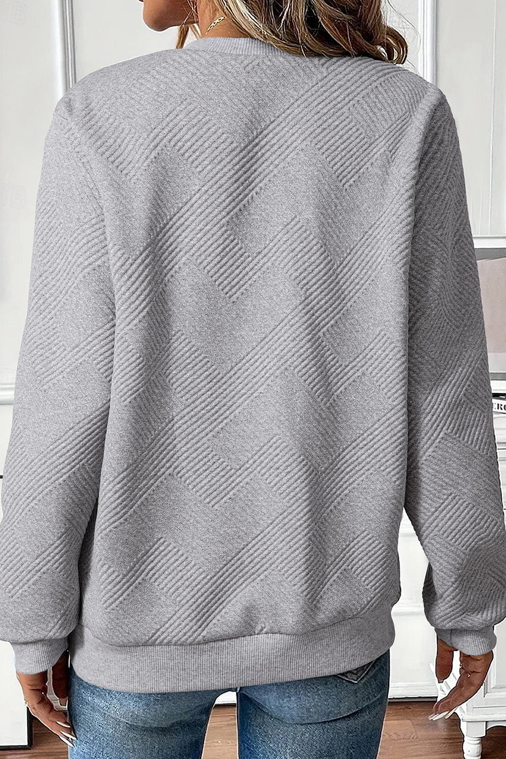 Medium Grey Trendy Textured Half Zip Loose Sweatshirt
