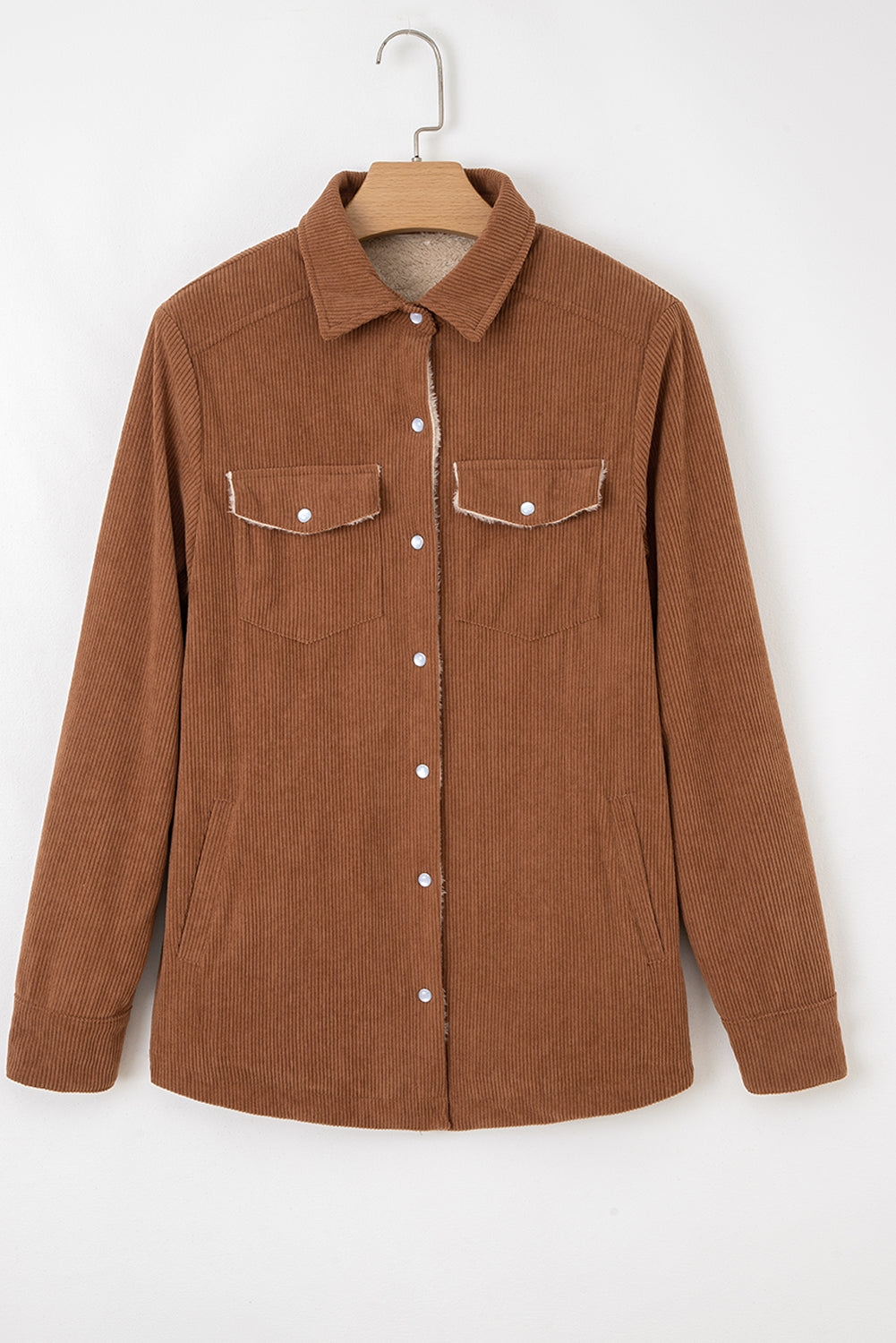 Cinnamon Fleece Lined Buttoned Flap Pockets Corduroy Jacket