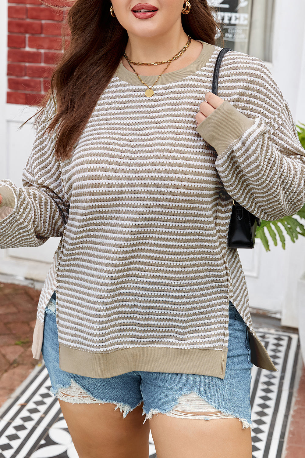 Brown Stripe Plus Size Breathable Knit Ribbed Trim Long Sleeve Top