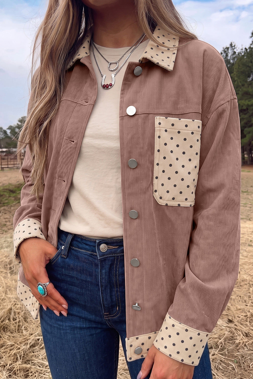 Goat Contrast Polka Dot Patchwork Corduroy Button Shacket