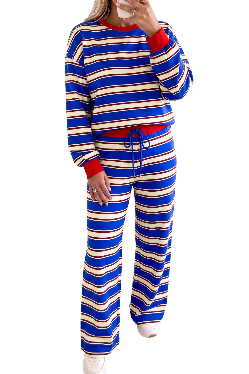 Khaki Stripe Contrast Trim Patchwork Casual Two-Piece Pants Set