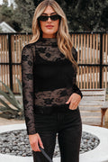 Black Sheer Floral Lace Mesh Mock Neck Long Sleeve Top