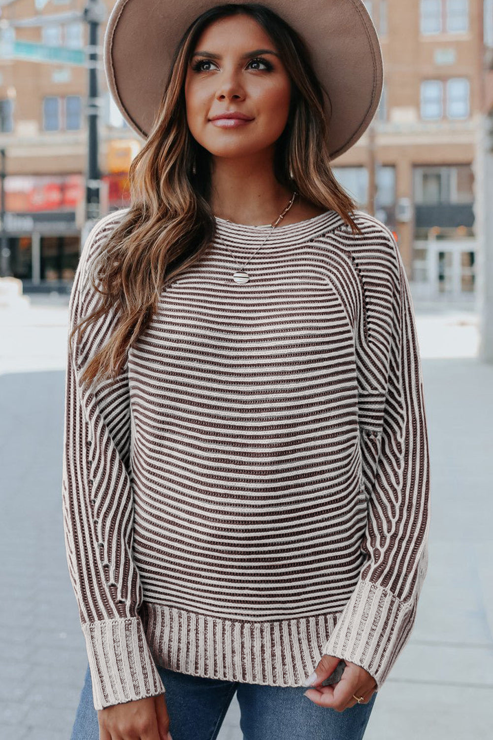 Medium Grey Striped Print Ribbed Knit Boat Neck Baggy Sweater