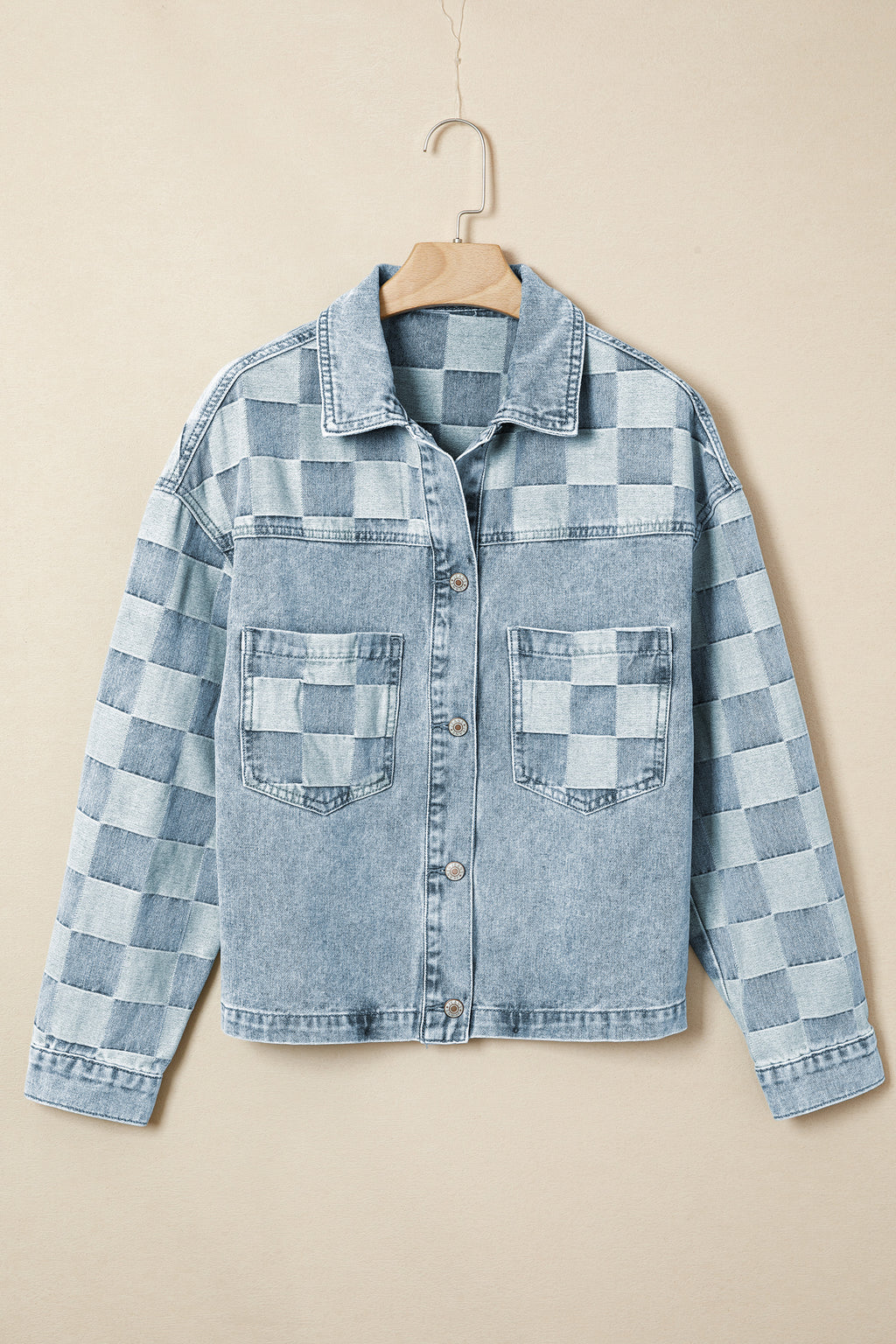 Beau Blue Denim Checkered Pattern Patchwork Womens Casual Jacket