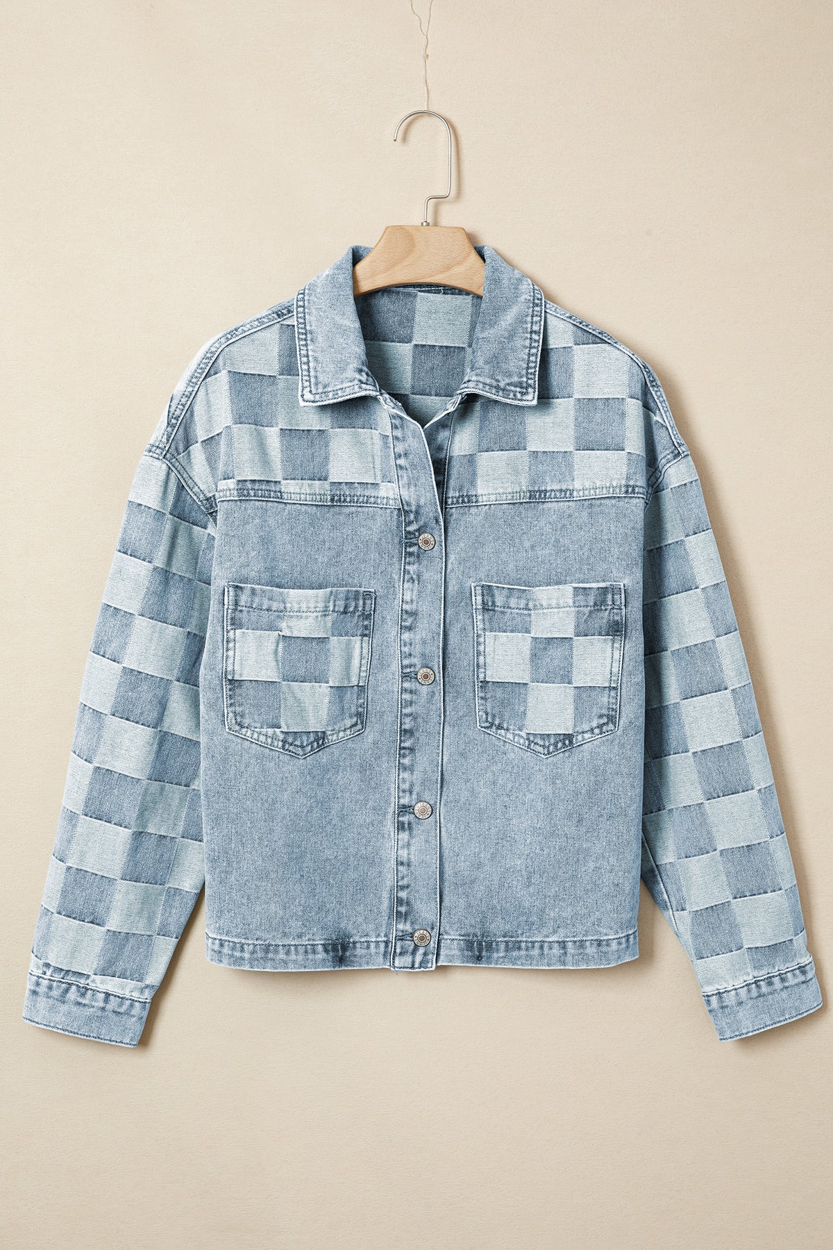 Beau Blue Denim Checkered Pattern Patchwork Womens Casual Jacket