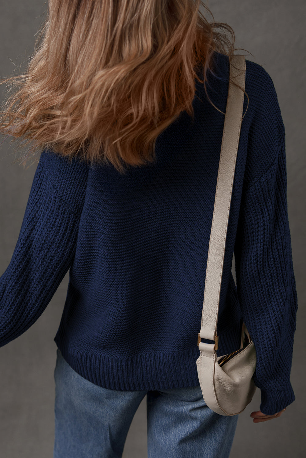 Dirty blue Solid Color Front Seam Drop Shoulder Loose Sweater