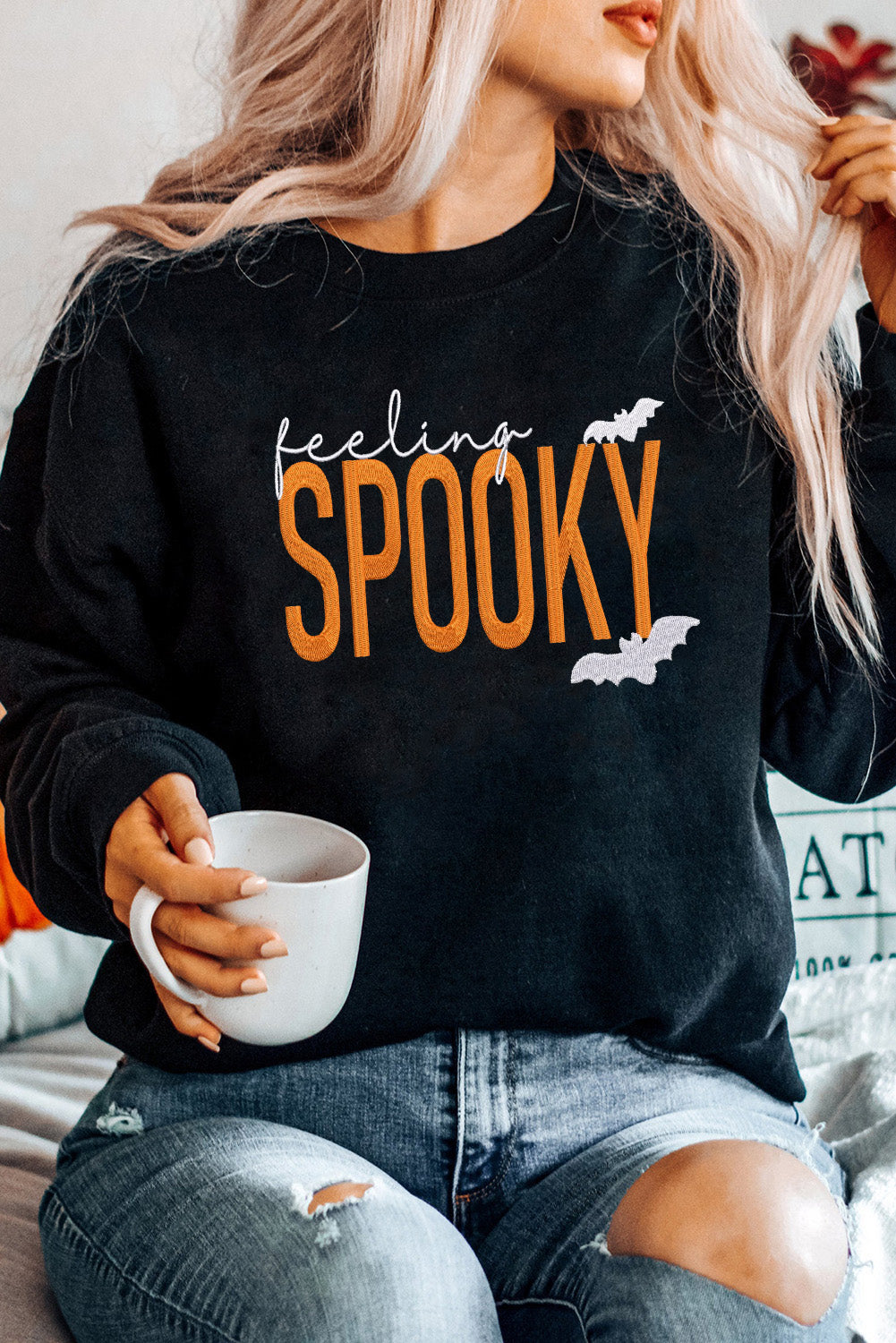 Black Feeling Spooky Halloween Embroidered Graphic Baggy Sweatshirt
