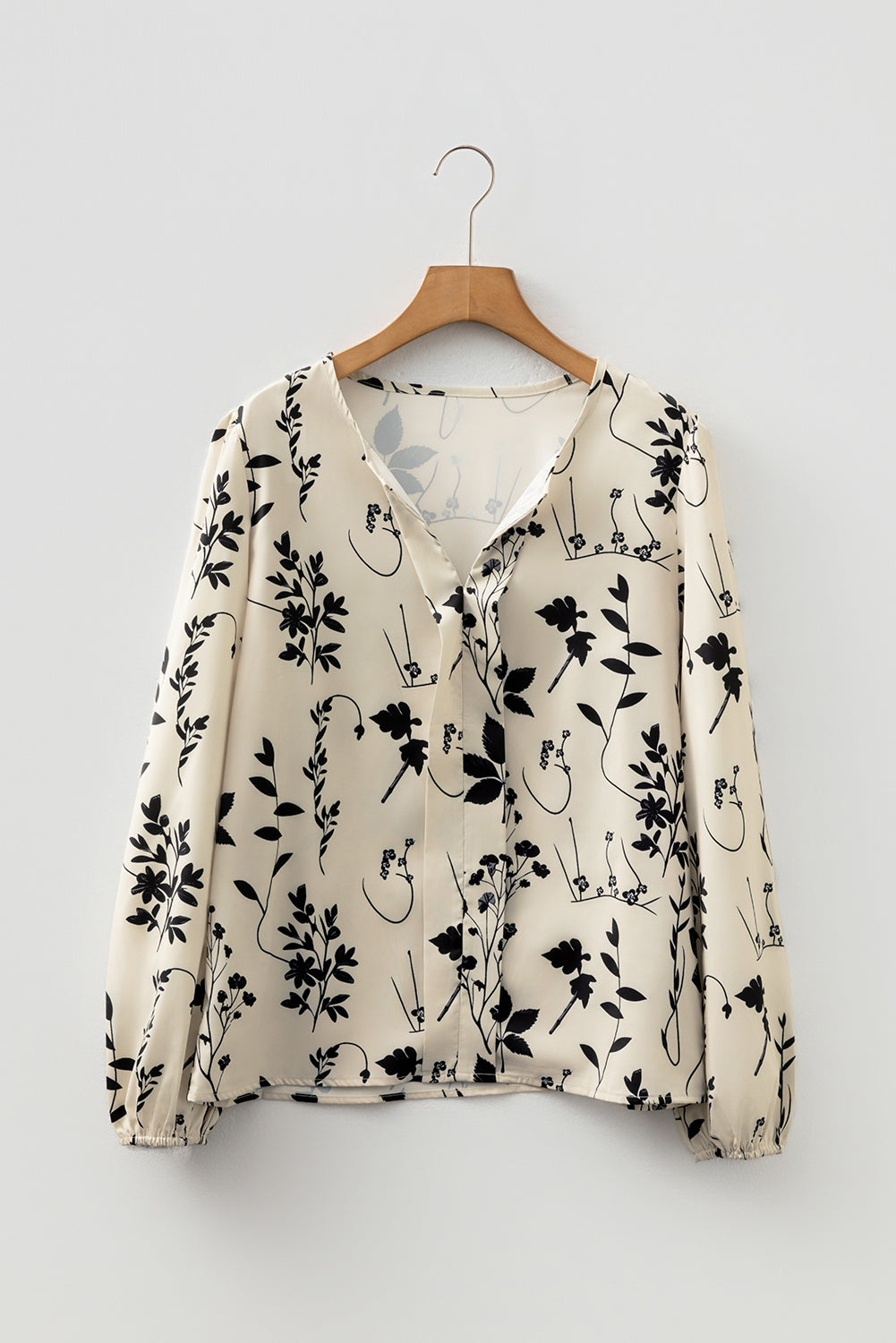 Khaki Botanical Floral Print Split Neck Long Sleeve Blouse