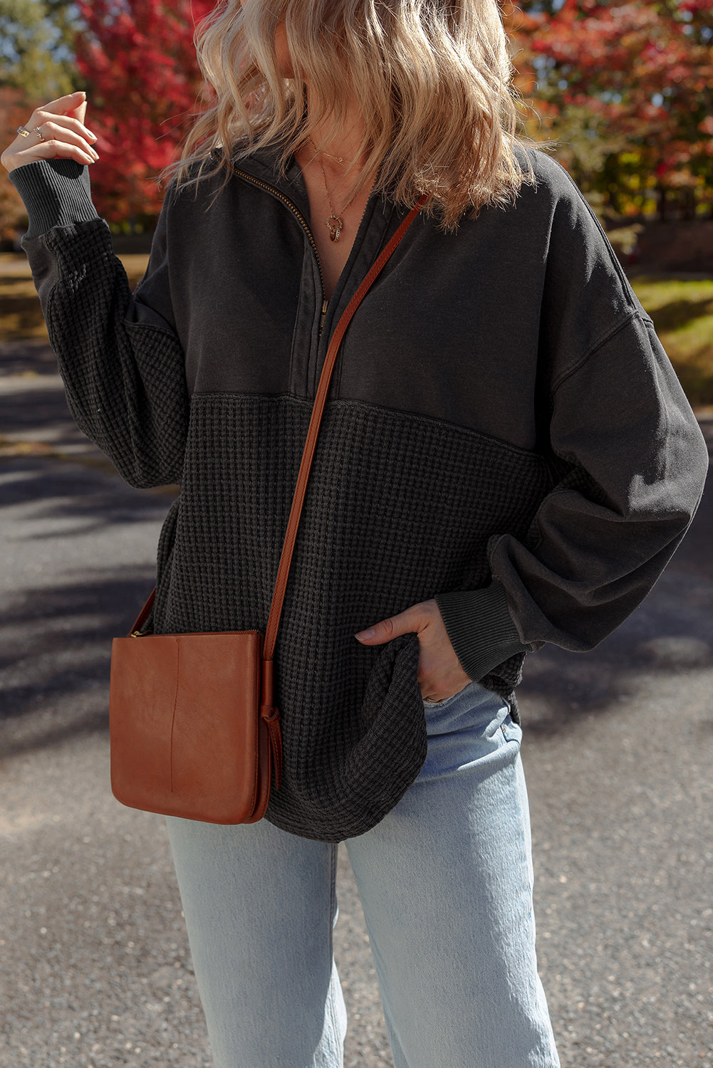 Carbon Grey Waffle Knit Patchwork Half Zipped Casual Sweatshirt