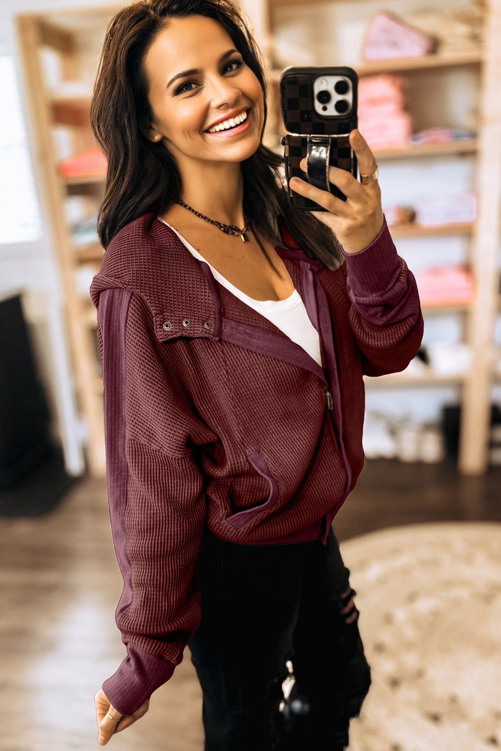 Burgundy Waffle Splicing Zip Up Front Button Hooded Jacket