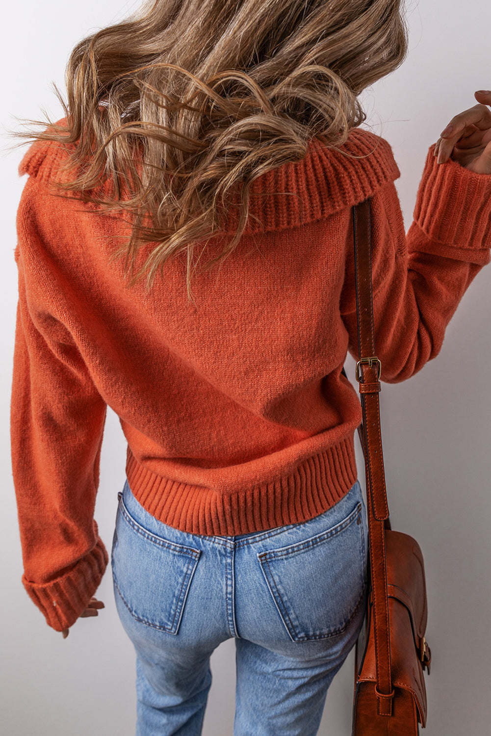 Racing Red Collared V Neck Ribbed Edge Sexy Elegant Sweater
