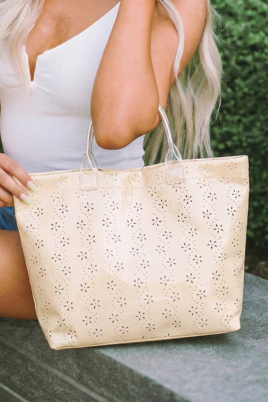 Dusk Blue Eyelet Flower Pattern PVC Glossy Waterproof Tote Bag